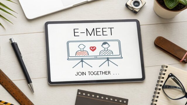 Tablet displaying an E-Meet video conference sketch on a desk - Powered by Adobe