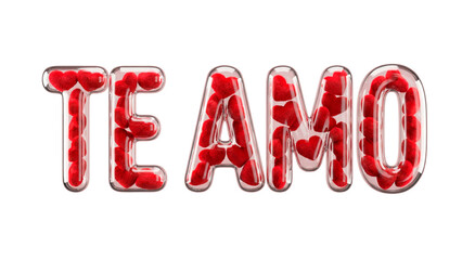 'TE AMO' Phrase in 3D Transparent Glass Capital Letters Filled with Red Plush Hearts on White Background