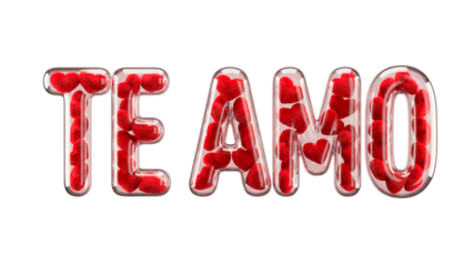 'TE AMO' Phrase in 3D Transparent Glass Capital Letters Filled with Red Plush Hearts on White Background