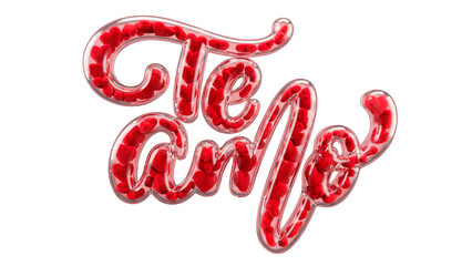 Fototapeta premium 3D Render of 'Te Amo' Phrase in Cursive Script, Filled with Red Plush Hearts inside Transparent Glass on White Background