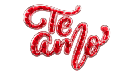 3D Render of 'Te Amo' Phrase in Cursive Script, Filled with Red Plush Hearts inside Transparent Glass on White Background