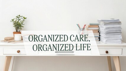 Minimalist White Desk with Organized Text and Stacked Papers