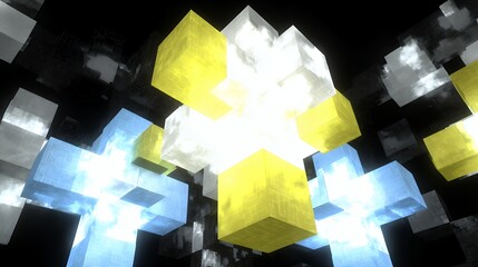 Abstract geometric cubes with glowing yellow and blue light