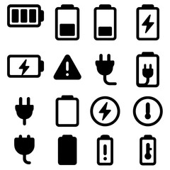 Battery Icons in a Grid: A detailed image displaying various icons representing the power and charging status of batteries. 