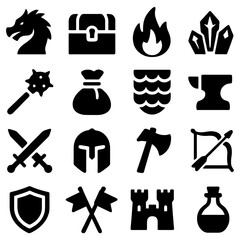 Medieval Iconography: A collection of black and white vector icons related to the medieval age, offering a glimpse into the era's symbols and tools.