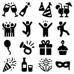 Festive Icons: A collection of diverse celebration icons on display, representing elements like toasts, party hats, gift, cake, confetti, and many more.