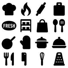Culinary Essentials Icon Set: A comprehensive collection of iconic symbols representing the fundamental tools and ingredients integral to the art of cooking.