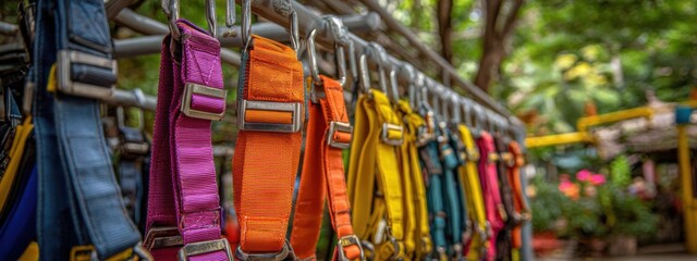 Obraz premium Brightly colored harnesses hang on a rack in a recreational area during daylight, ready for use in outdoor activities with friends