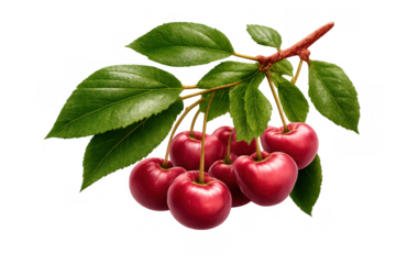 Ripe red cherries growing on a branch with green leaves, fresh organic fruit on transparent background, summer harvest