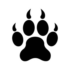 Pawprint with claws of cat or dor, lion or panther isolated on white background. Wet or muddy wild animal footprint on snow or ground. Mammal step silhouette. Vector graphic illustration.
