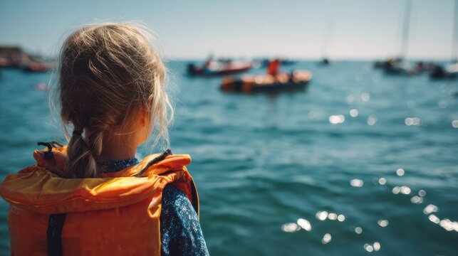 Child watches boats on water during a sunny day at a coastal area with various activities taking place near the shore