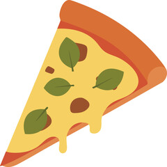 Melted cheese pizza slice with fresh basil leaves and tomato bits on golden crust, perfect for Italian food menus, restaurant branding, delivery icons, and culinary graphics