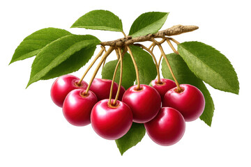 Bunch of bright red cherries, ripe and juicy, growing on a brown stem with small green leaves, ready for harvest