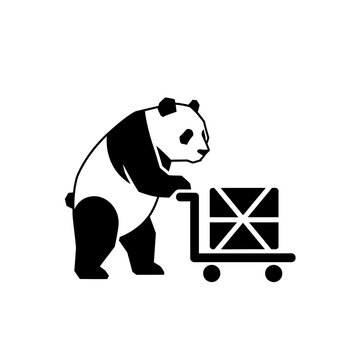 Vector icons Panda Bear Pushing a Box on a Dolly. EPS Editable