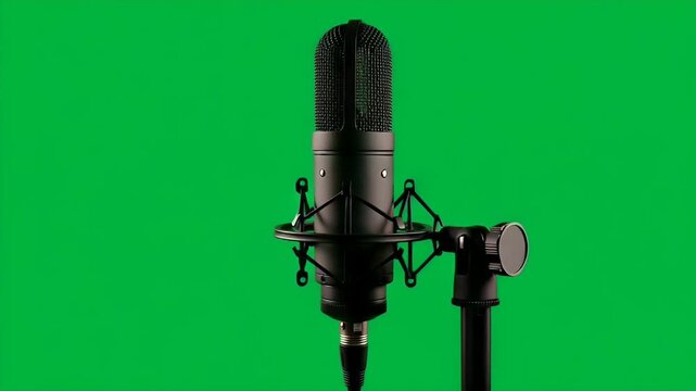 High-quality studio microphone on a stand against a green screen background, ideal for professional recording, podcasting, and voiceover applications.