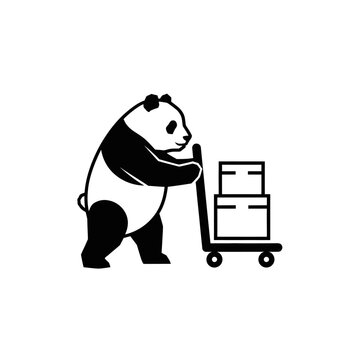 Vector icons Panda Bear Pushing Hand Truck with Boxes Black and White Illustration 1. EPS Editable