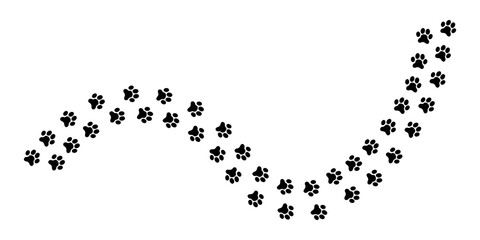 Wavy track of wet or mud paw prints of dog, cat, bear or wolf. Paw silhouettes. Steps of running or walking wild animals on snow or ground isolated on white background. Vector graphic illustration.