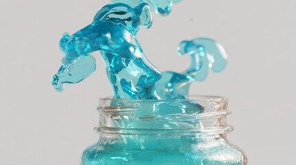 Blue liquid splashing dynamically from a clear glass jar