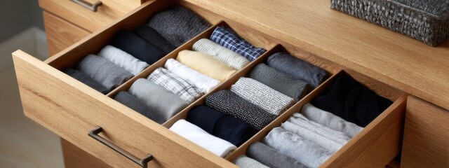 Organized drawer with neatly folded clothes in a light wooden dresser at home