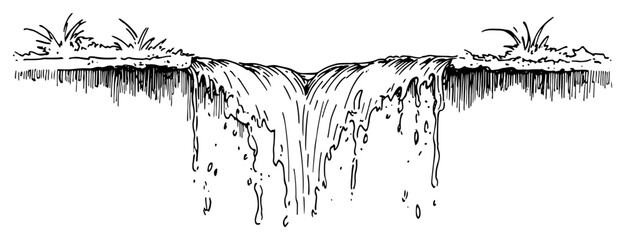 Scenic waterfall cascading down a cliff edge in black and white sketch style © Kaz