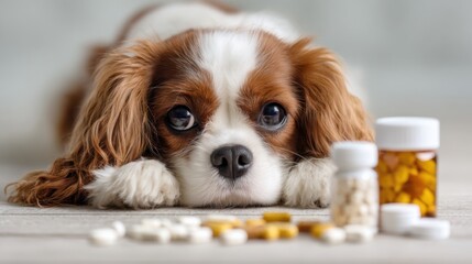 Dog waits by medication while owner prepares treatment at home in a well-lit room during the day