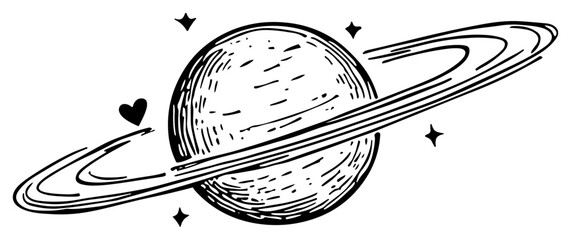 Planet Saturn with rings and stars surrounded by a heart in doodle style © Kaz