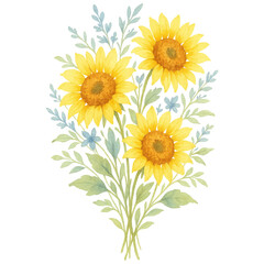 Obraz premium Sunflower's Radiance: A vibrant display of sunflowers, their sunny yellow petals in full bloom, are elegantly arranged amidst delicate leaves and subtle blue accents.