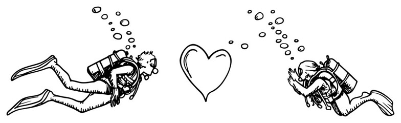 Two scuba divers swimming underwater with bubbles forming a heart shape © Kaz