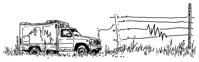 Ambulance van parked near power lines with heartbeat pulse rhythm © Kaz