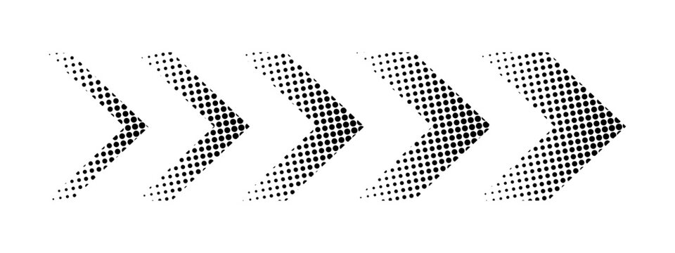 Set of black chevron arrow shapes with halftone, noise, pixel or gritty texture isolated on white background. Directing signs with polka dot mosaic print. Vector graphic illustration.