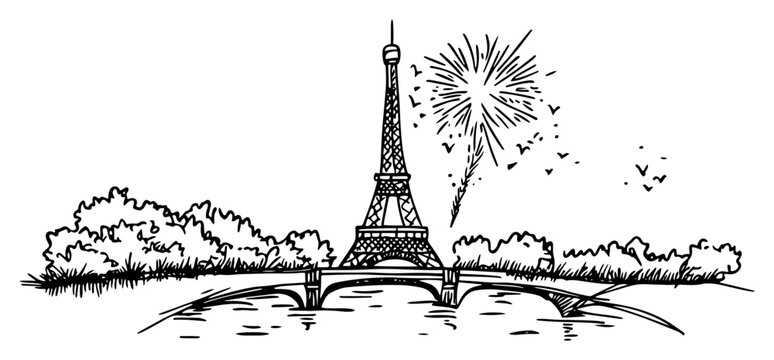 Hand drawn sketch of Eiffel Tower with fireworks and bridge over river