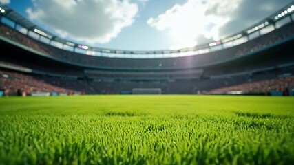 Experience the electric atmosphere of a vibrant soccer stadium with a lush green field and packed stands under a sunny sky.