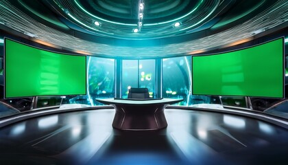 futuristic virtual television studio with a modern curved desk and dual green screens for chroma key compositing clean high tech interior for broadcasting and news production