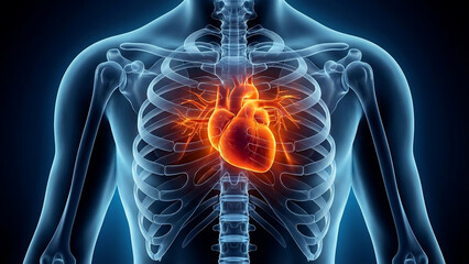 Human Heart, a Medical Illustration of the Torso, Showing a Brightly Glowing Organ and Transparent Rib Cage, Symbolizing Health