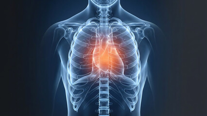Human Heart Glowing Within a Transparent Rib Cage, a Detailed 3D Medical Anatomy Render for Health and Wellness