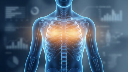 Human Body Scan, illustrating the glowing chest and skeletal system within a high-tech medical diagnostic display.
