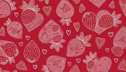 hand drawn heart and strawberry pattern on red background