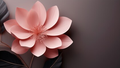 elegant pink flower with delicate petals and dark leaves displayed on a plain background
