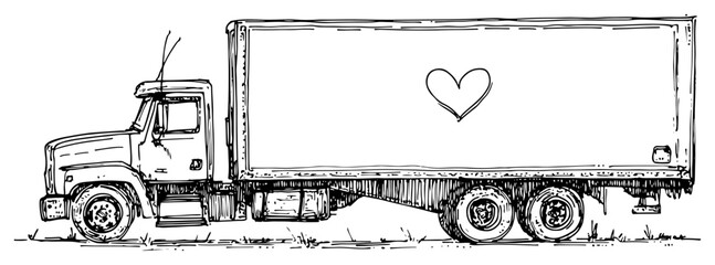Large semi truck with a trailer featuring a heart symbol sketch