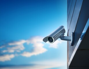 a security camera is mounted on a building overlooking a clear blue sky emphasizing surveillance and safety