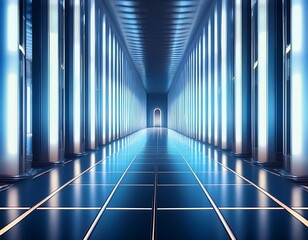 an immersive and vibrant architectural space featuring powerful spotlights illuminating rows of tall columns and reflective flooring showcasing a captivating futuristic ambiance