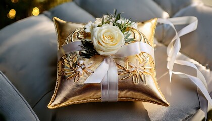 a beautifully crafted square shaped golden ring pillow adorned with flowers and ribbon for wedding ceremonies