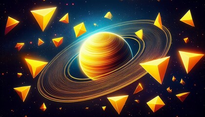 vibrant yellow triangles floating around a ringed planet in a starry cosmos background