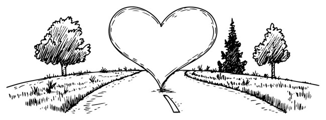 Road leading through trees with a large heart shape arch