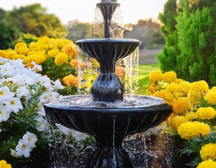 elegant black fountain cascades water amidst vibrant yellow and white flowers in lush garden