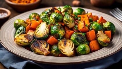 a colorful mix of roasted brussels sprouts and sweet potatoes showcasing a vibrant healthy dish perfect for any meal