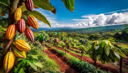 a lush cacao farm with ripe pods hanging from the trees showcasing vibrant colors amidst a serene landscape