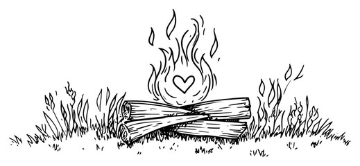 Campfire with logs and a heart shaped flame in grass