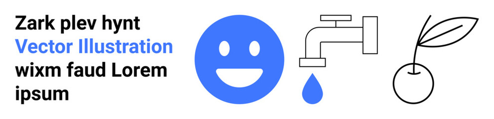 Obraz premium Communication, environmental awareness, water conservation, growth, happiness, and minimalism. Blue happy face, faucet with water drop and sprouting cherry. Communication and environmental