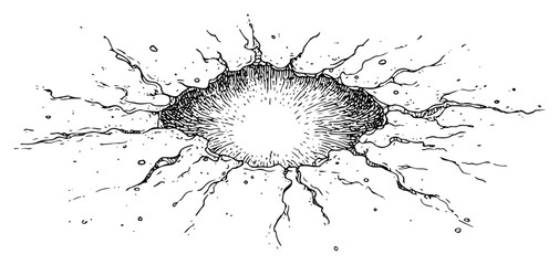 Deep impact crater hole with cracks in the ground sketch © Kaz